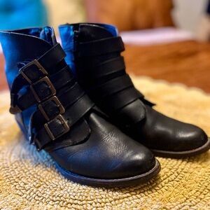 Black Genuine Leather Buckled Ankle Boots